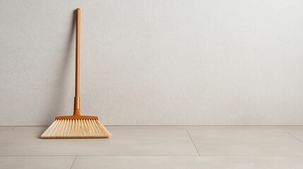 A wooden broom stands against a smooth, light-colored wall, showcasing minimalistic design. Ideal for themes of cleanliness, organization, and home maintenance.