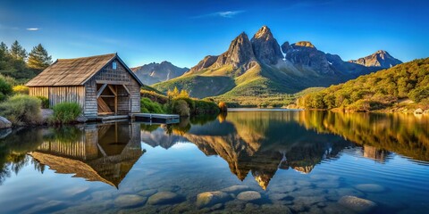 Fototapeta premium Serene Boathouse at Dove Lake, Cradle Mountain National Park, Tasmania, Australia