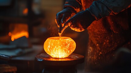 Glassblowing Process Creating a Glowing Orange Vase with Molten Glass