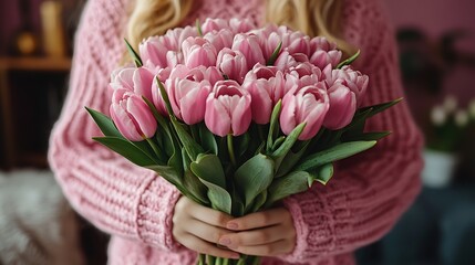 A Woman Holds a Bouquet of Pink Tulips in Her Hands