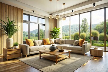 Fototapeta premium Serene Minimalist Living Room: Neutral Palette, Abundant Natural Light, Sleek Design