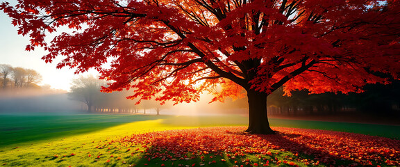 Majestic Autumn Landscape with Vibrant Red Maple Tree in a Sunlit Park
