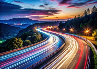 Streaming Headlights Curve on Night Highway - Long Exposure Stock Photo