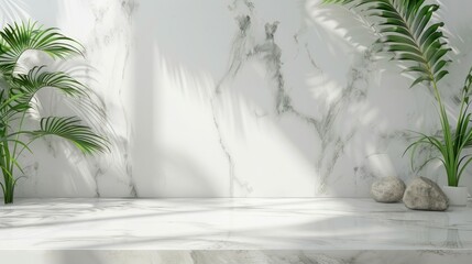 Obraz premium Minimalist White Marble Background with Green Plants - Elegant Natural Interior Design