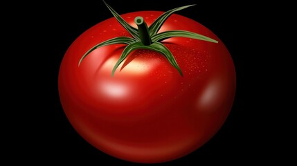 Fresh Red Tomato on Black Background with Green Leaves