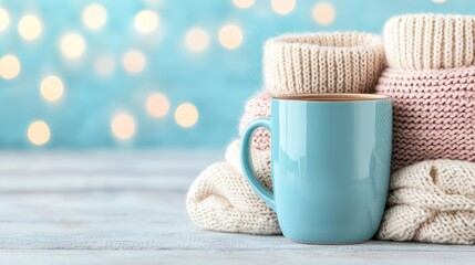 Cozy knitted sweaters and a mug of tea, Winter warmth