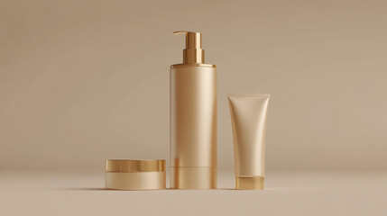 cosmetic bottle and jar mockup. Three bottles of shampoo or body oil stand next to each other in front view.