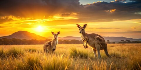 Naklejka premium Two Kangaroos Grazing in Australian Outback Sunset