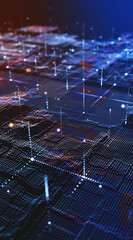 Futuristic digital geology terrain, digital data telemetry and engineer topography with contour lines. 3D wireframe cartography concept.