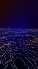 Futuristic digital geology terrain, digital data telemetry and engineer topography with contour lines. 3D wireframe cartography concept.