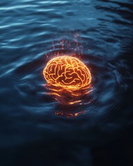 An image of a brain with bright lines of light lingering on the surface of the calm water. digital art