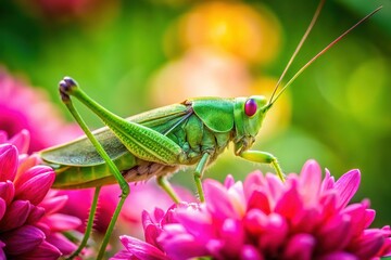 Fototapeta premium Vibrant Green Grasshopper on Summer Garden Flowers