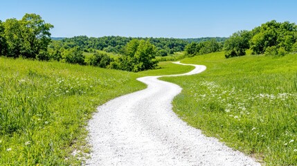 Obraz premium Winding gravel road through green hills, sunny day. Travel photography