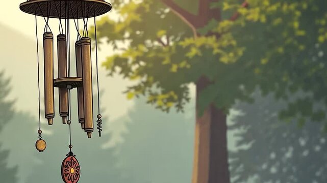 Serene wind chimes create a peaceful atmosphere amidst a forest landscape with swaying trees