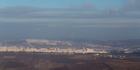 Aerial photography. Chisinau, Moldova, view from the airplane window. Winter panorama.
