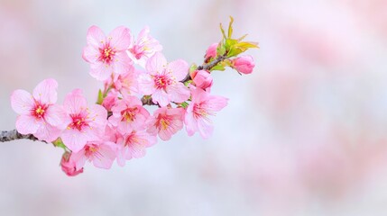 Obraz premium Pink cherry blossoms branch, spring garden, soft focus background, floral design