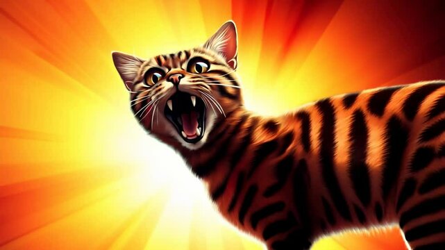 Roaring tiger cat with open mouth against bright orange sunburst background. Dynamic cartoon style pet illustration. Aggressive feline portrait for gaming design