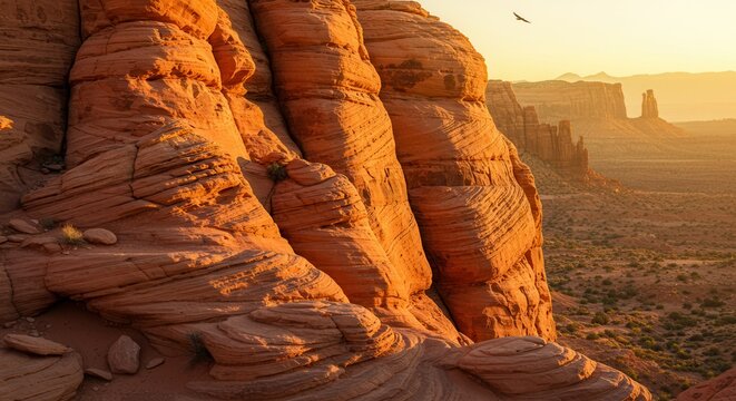 Dramatic Red Rock Formation in Desert Landscape at Sunset with Bird