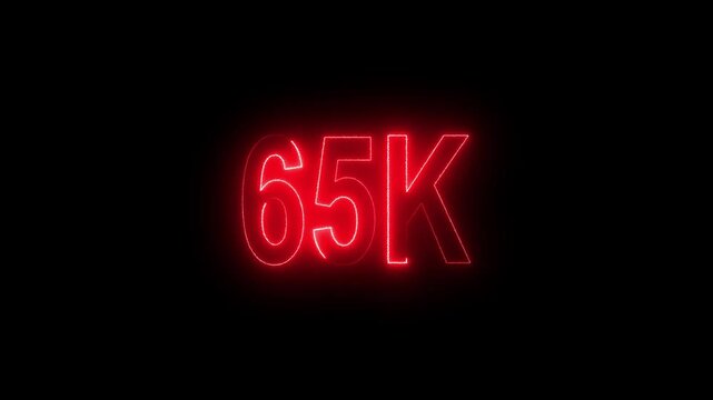 Glowing neon line with 65k Ultra HD video technology icon isolated on black background 65K subscribers modern animation banner design