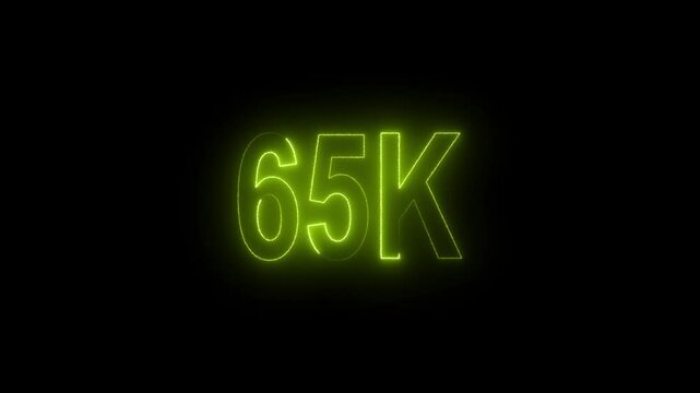 Glowing neon line with 65k Ultra HD video technology icon isolated on black background 65K subscribers modern animation banner design