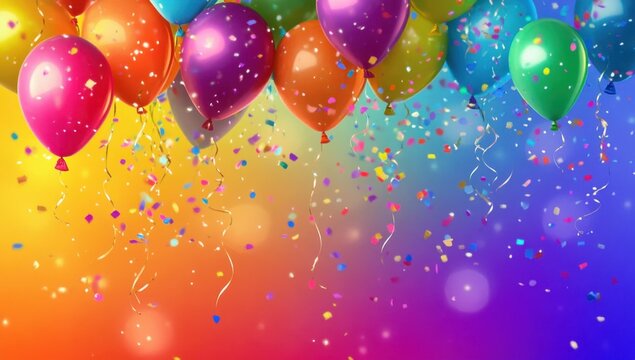 Colorful balloons floating with falling confetti on a vibrant rainbow background