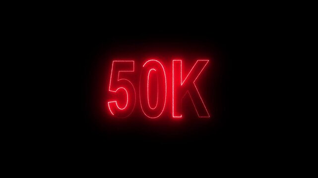 Glowing neon line with 50k Ultra HD video technology icon isolated on black background 50K subscribers modern animation banner design