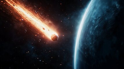 Obraz premium Dramatic fiery asteroid approaching Earth in cosmic environment
