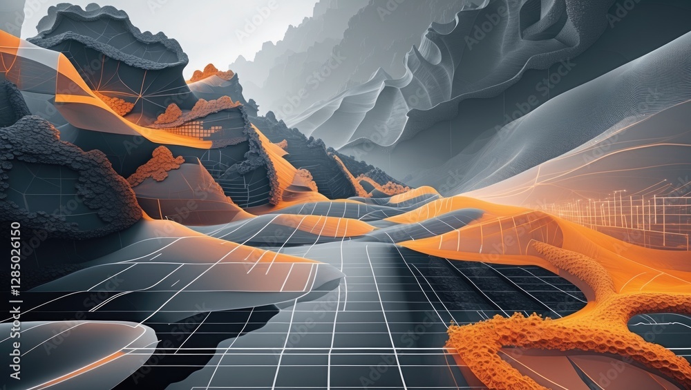 Poster fractal dimensions collection. creative abstraction featuring fractal patterns, grids, and symbols c