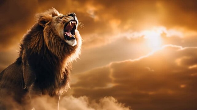 Majestic lion roaring in dramatic sunset clouds with lightning. Wild african predator against orange sky. Nature power concept for wallpaper and social media banner