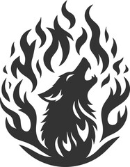 A fire wolf howling with flames surrounding it animal vector silhouette