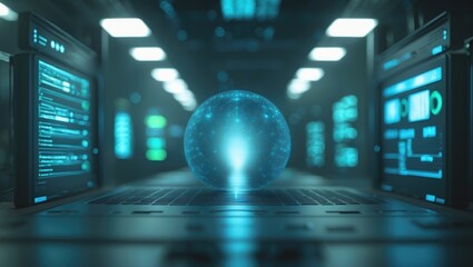 Emergence of the AI age: data transmission for machine intelligence. Blurred blue and green lights create a futuristic digital backdrop.