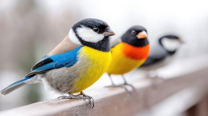 Fototapeta premium Colorful birds perched on railing, snowy background. Possible use Nature photography