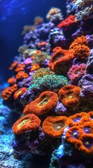 Obraz premium Lush Coral Reef Ecosystem with Vibrant Orange Polyps and Purple Rock Formations Underwater in Natural Light