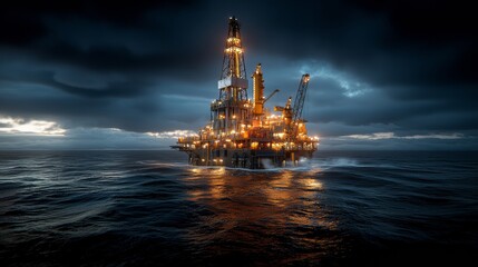 Illuminated Offshore Oil Drilling Platform in Stormy Night Ocean Landscape