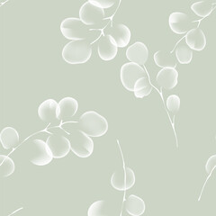 Floral seamless pattern features translucent white eucalyptus leaves on a soft green background. The leaves appear ethereal and overlapping, creating a light and airy design © momosama