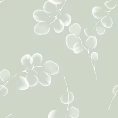 Gordijnen Floral seamless pattern features translucent white eucalyptus leaves on a soft green background. The leaves appear ethereal and overlapping, creating a light and airy design © momosama