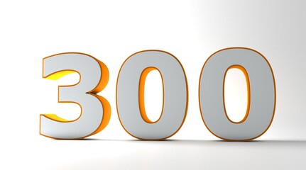 Number 300 in yellow on light white background, isolated number. Three hundred number 3D Text.	
