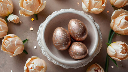 Composition of light peony buds and a plate with Easter eggs in the center on a background of mocha mousse, Easter