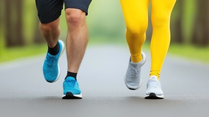Fototapeta premium Two runners in motion on a clear road, showcasing athleticism and outdoor fitness. Bright running shoes and vibrant leggings create a dynamic and motivating scene.