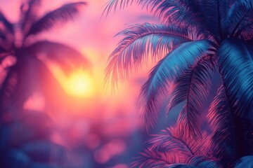Obraz premium Tropical Neon Palm Leaves Vibrant Retro 80s Synthwave Scene with Pink Turquoise Gradient Light