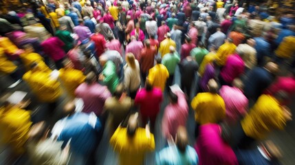 Crowded Market Scene with People in Colorful Shirts Engaged in Trading Activity