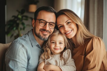 Fototapeta premium Emotional family moment, two adults and a child, happy and relaxed