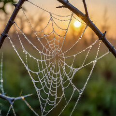 A Spider Web Dew Drops at Dawn: A detailed close-up of a spider’s web covered in dew drops, nestled between two tree branches