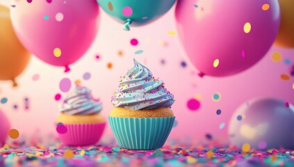 Delicious cupcake celebrating with balloons and colorful confetti on pink background