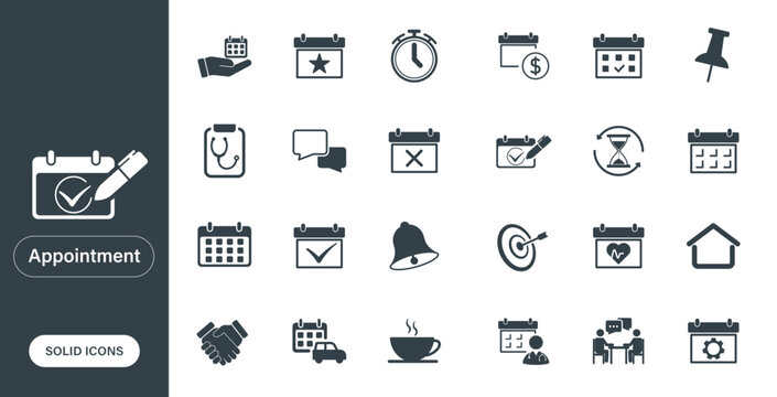 Vector icons representing appointments, calendars, and time, designed as solid icons in a minimalist style.
