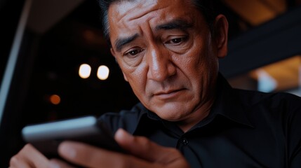 Man engrossed in his phone, possibly waiting or passing time.