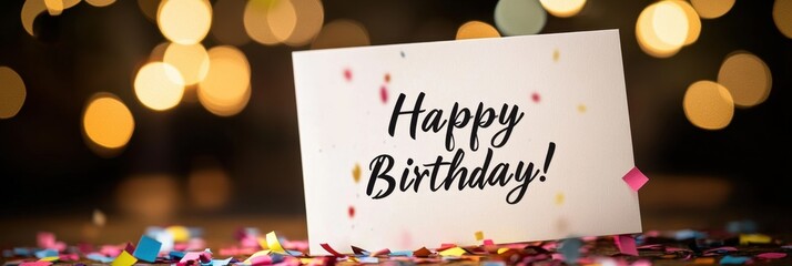 Happy birthday card standing on table with colorful confetti and bokeh lights
