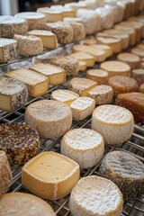 A selection of various types of cheese arranged for presentation or sale.