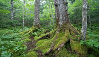 Moss Covered Tree Roots in a Lush Green Forest