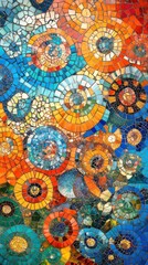 Vibrant mosaic artwork with colorful circular patterns and textured surface.
